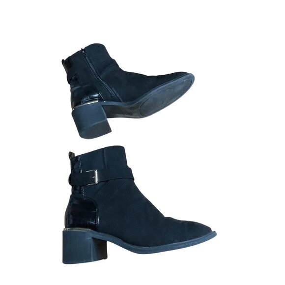 Black Faux Suede & Croc-Embossed Ankle Boots With Gold Accents  Size 7,5 M - Picture 4 of 13